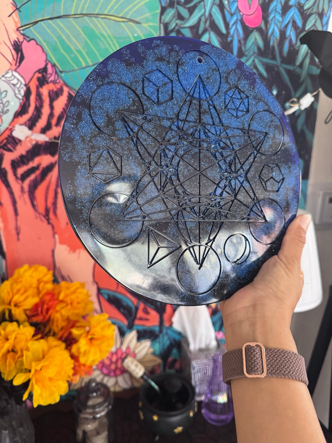 Original deep blue Metatron’s Cube resin piece before hand-painted silver detailing, showing the layered pigments and embedded sacred geometry