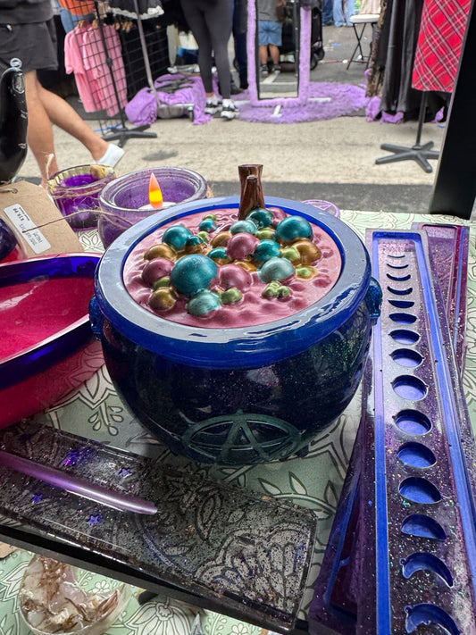 Hand-finished bubbling potion cauldron decor with metallic teal pink gold and green details by Morrigu Star