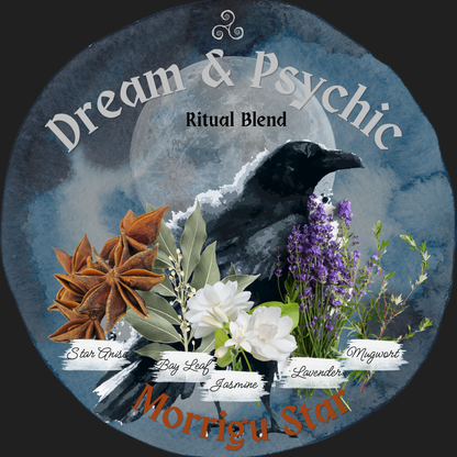 A circular illustrated label or package design for a ritual blend called Dream & Psychic Ritual Blend, featuring a raven over moonlit clouds with flowers and spices including star anise, bay leaf, jasmine, lavender, and mugwort. The words 'Morrigu Star' appear at the bottom.