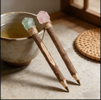 Two decorative pencils shaped like tree branches with natural wood grain, wrapped with twine near the tops, and finished with raw crystal points (one green, one pink), resting on a stone surface next to a ceramic cup.