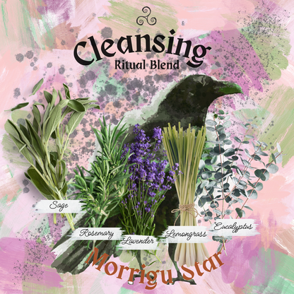 A decorative product graphic for a cleansing ritual blend. The text 'Cleansing Ritual Blend' appears at the top, with illustrated herbs and a raven labeled Sage, Rosemary, Lavender, Fenngrass, and Eucalyptus.