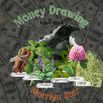 A square graphic label or packaging design for a 'Money Drawing Ritual Blend' featuring a central raven over illustrated herbs and spices, including cinnamon sticks, basil, peppermint, clover, and elderberry, set against a background of overlapping US dollar bills. The text 'Money Drawing Ritual Blend' is at the top, and 'Morrigu Star' is written at the bottom.