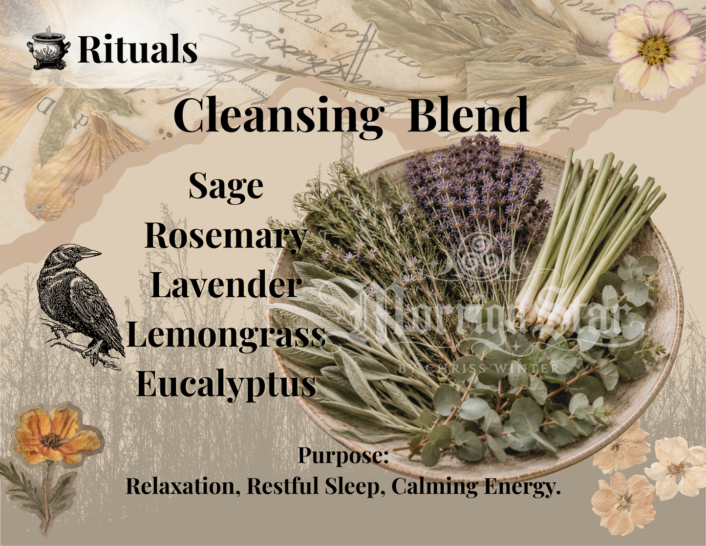 A product cover for a 'Cleansing Blend' ritual herb mixture. The image features a central oval plate filled with dried herbs including lavender, sage, rosemary, lemongrass, and eucalyptus.