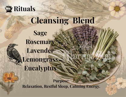 A product cover for a 'Cleansing Blend' ritual herb mixture. The image features a central oval plate filled with dried herbs including lavender, sage, rosemary, lemongrass, and eucalyptus.