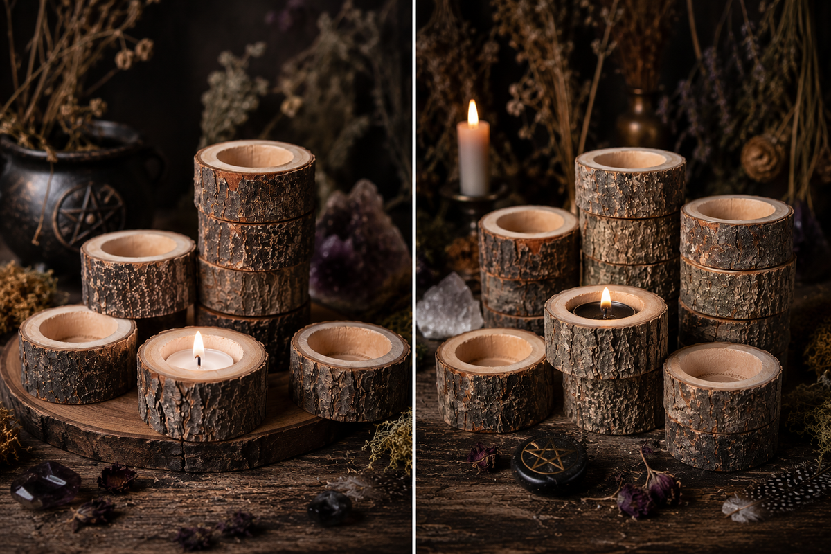 Natural Birch Wood Tealight Holder — Rustic Altar Candle Stand