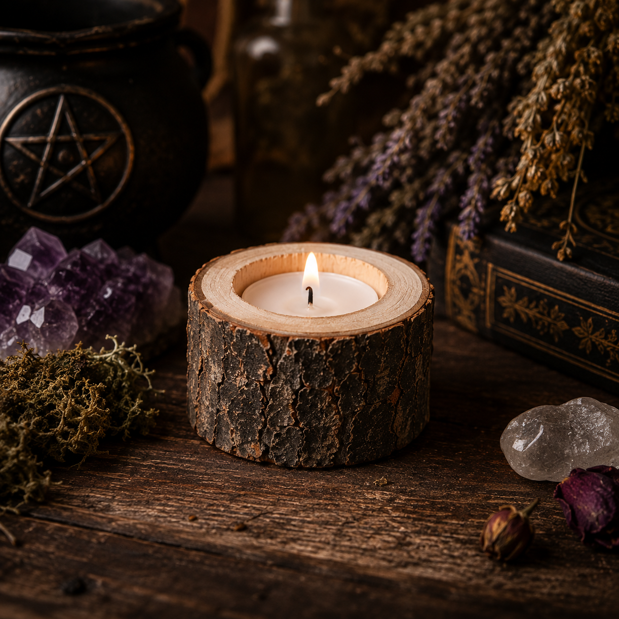 Natural Birch Wood Tealight Holder — Rustic Altar Candle Stand