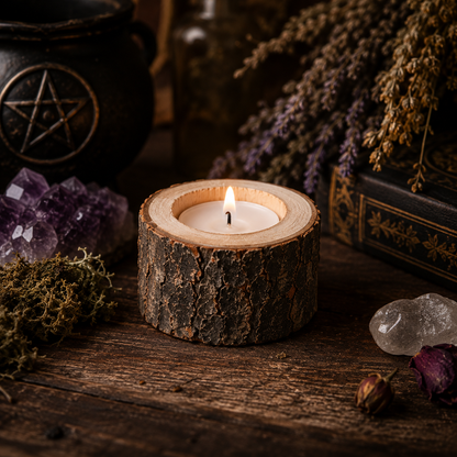 Natural Birch Wood Tealight Holder — Rustic Altar Candle Stand