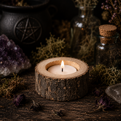 Natural Birch Wood Tealight Holder — Rustic Altar Candle Stand