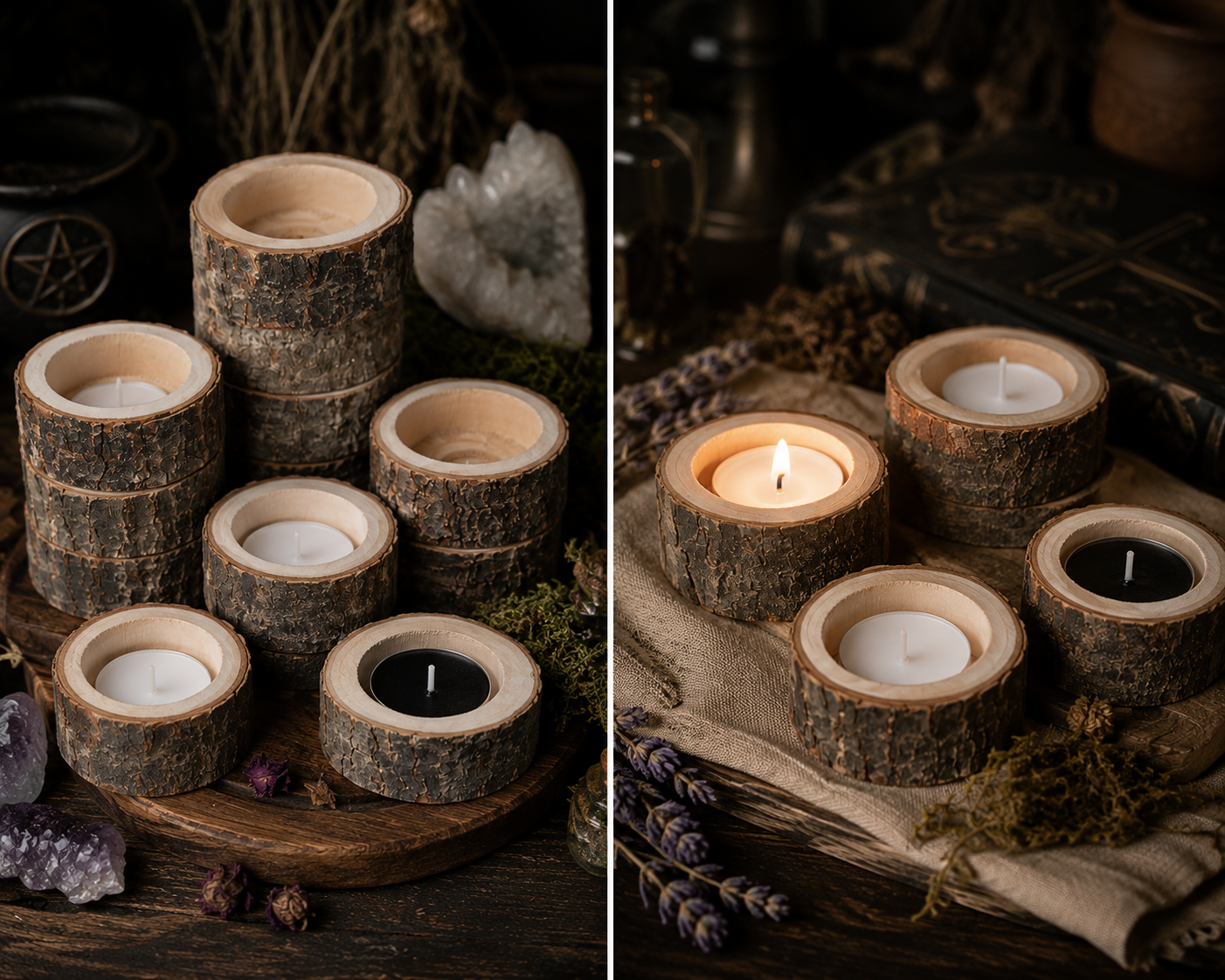 Natural Birch Wood Tealight Holder — Rustic Altar Candle Stand