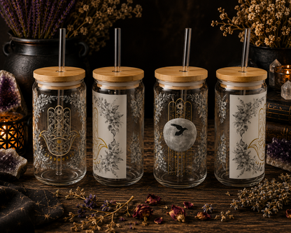 Hamsa Sipper Glass 16oz — Bamboo Lid & Reusable Straw