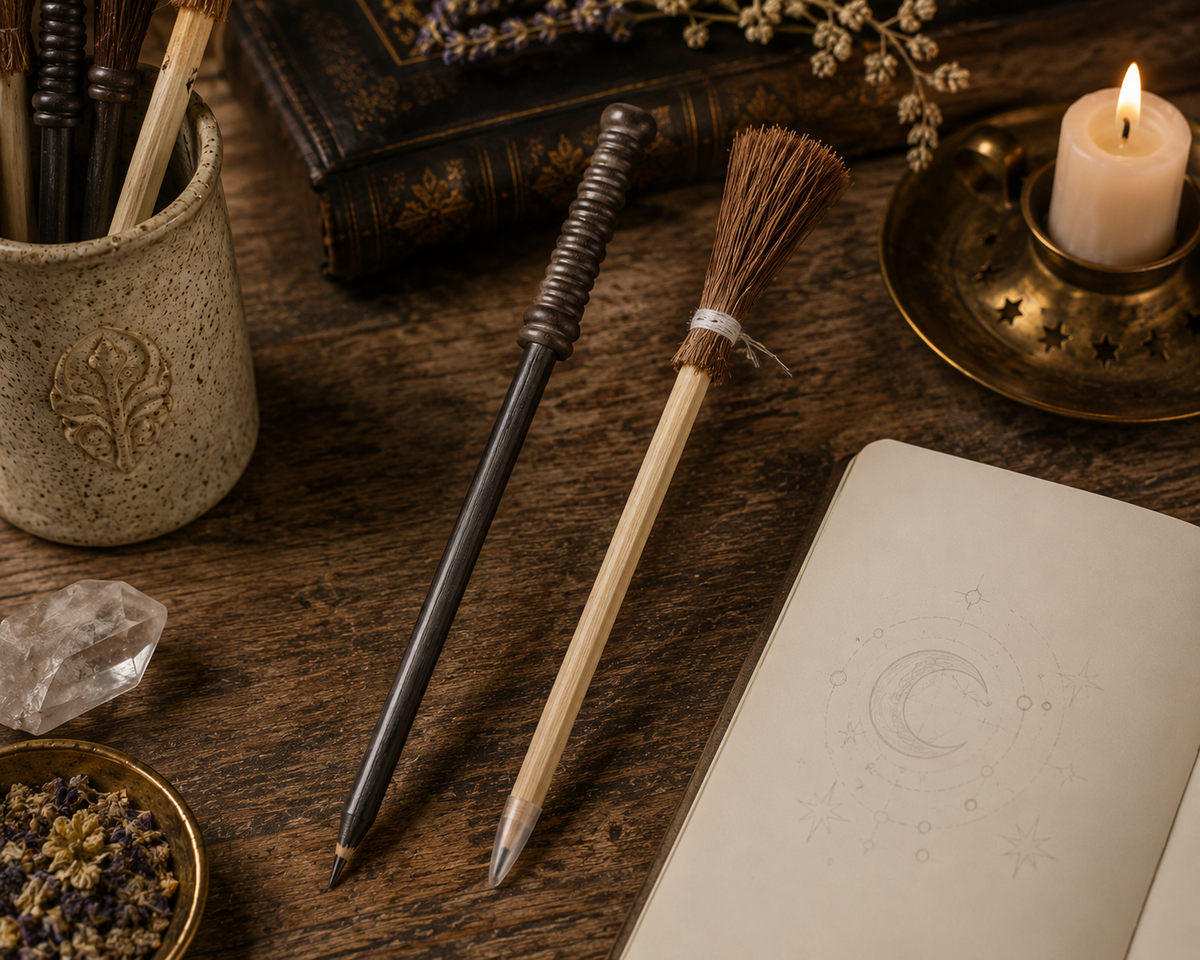 Witch Broom & Wizard Wand Pencils — Mystical Stationery Set | Morrigu Star