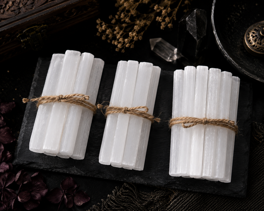 Selenite Crystal Bundle — Altar, Ritual & Sacred-Space Stones | Morrigu Star
