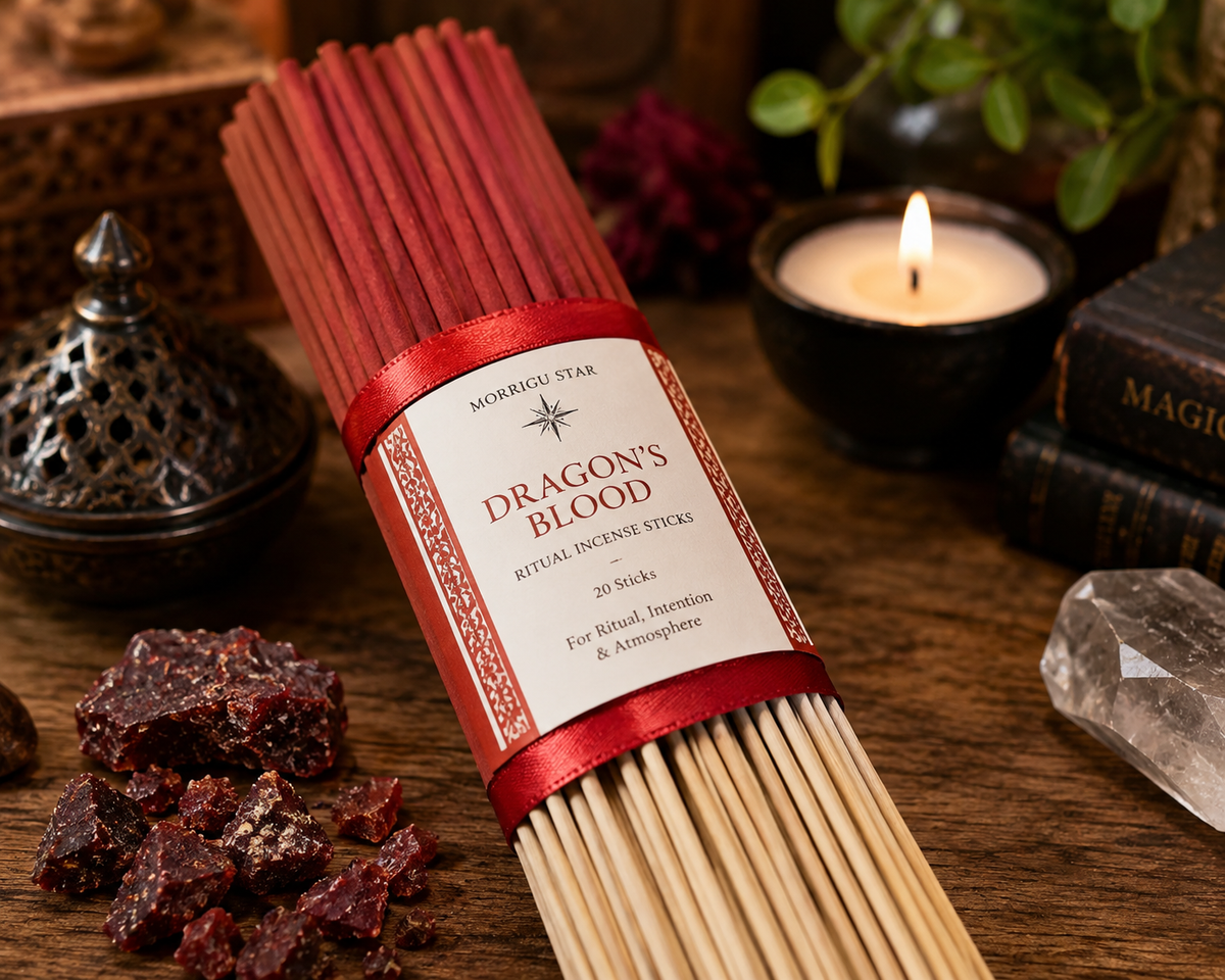 A bundle of Morrigu Star Dragon's Blood ritual incense sticks tied with a red ribbon and cream label, displayed on a wooden surface with a lit candle, crystals, dried herbs, and books in the background.