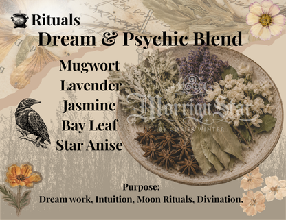 A decorative graphic with the title 'Rituals Dream & Psychic Blend' and a list of ingredients including Mugwort, Lavender, Jasmine, Bay Leaf, and Star Anise. A plate of dried herbs and spices is shown on the right, with a raven illustration on the left and floral accents around the border.