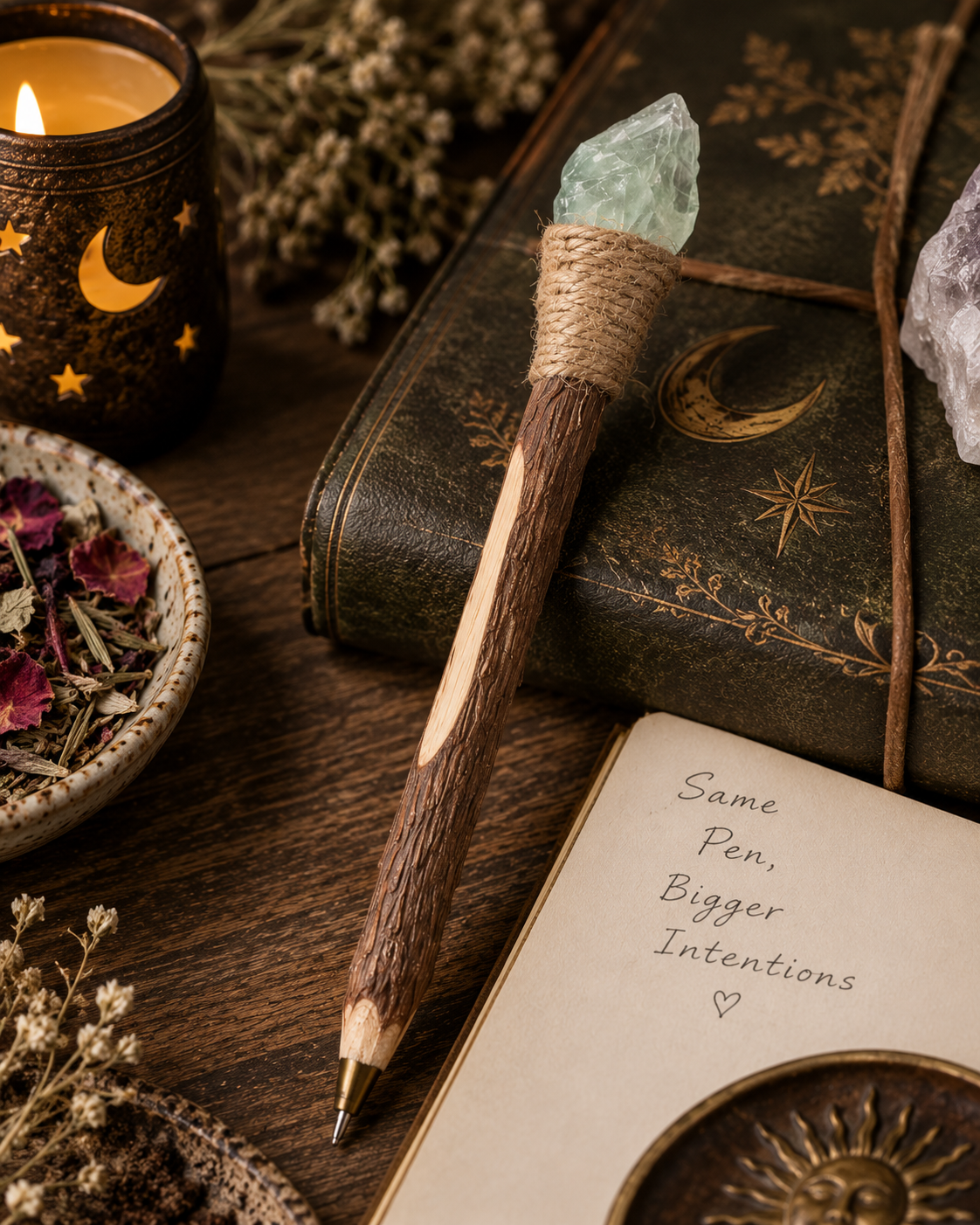 A wooden pen with a light green crystal tip and twine wrap, styled on a dark wood surface next to a journal, candle, dried flowers, and a small dish.