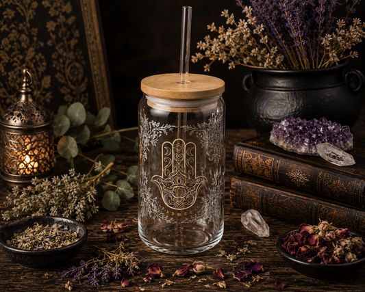 A clear glass jar with a bamboo lid and glass straw, decorated with an etched Hamsa hand design. The jar is styled on a dark wooden table surrounded by dried lavender, books, crystals, and a lantern.
