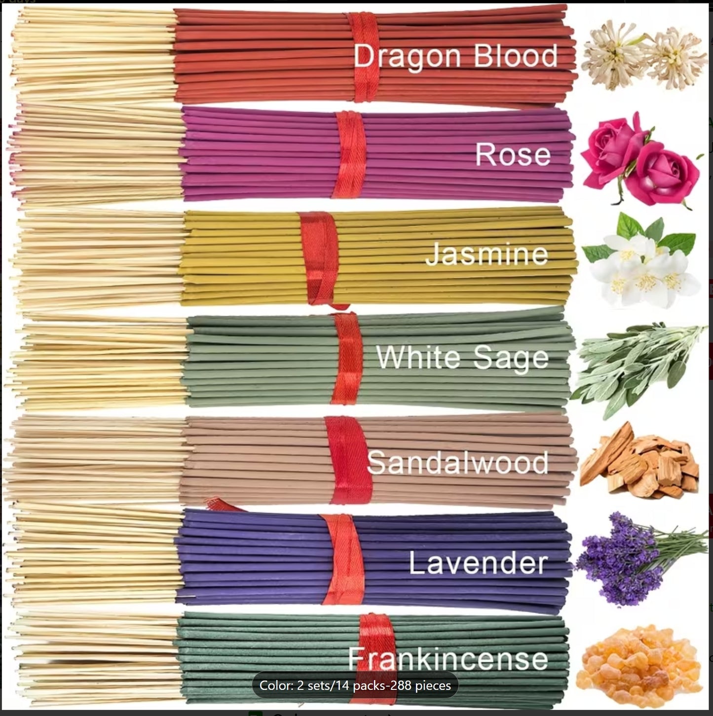 A product collage showing multiple bundled incense sticks in different colors, each labeled with its scent name: Dragon Blood, Rose, Jasmine, White Sage, Sandalwood, Lavender, and Frankincense. Small flower, leaf, bark, and resin illustrations appear along the right side.