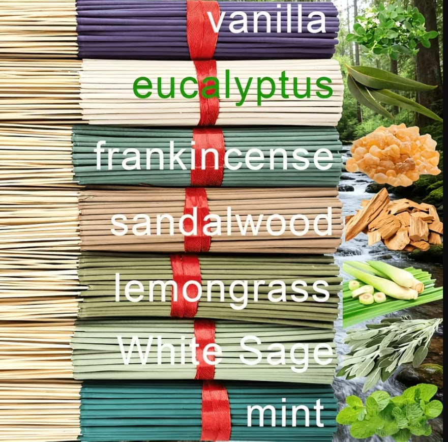 A stacked bundle of incense sticks labeled vanilla, eucalyptus, frankincense, sandalwood, lemongrass, White Sage, and mint, with red bands separating the bundles. The right side shows ingredient-style photos of herbs and wood.
