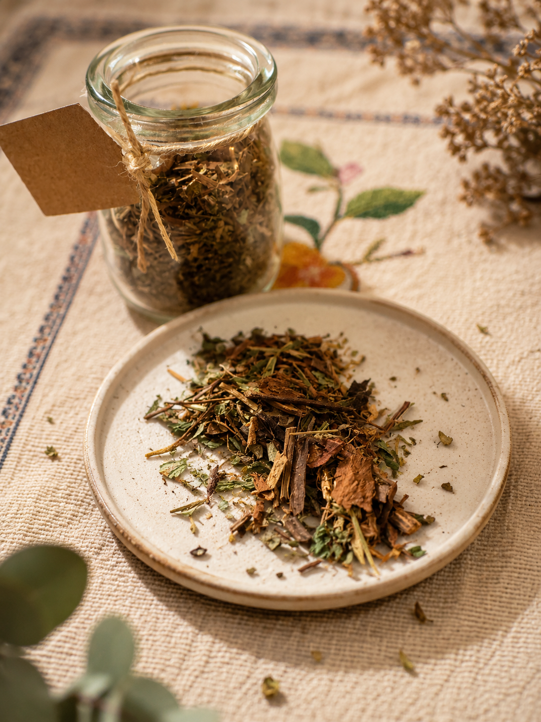 A glass jar filled with dried botanicals sits behind a ceramic plate piled with the same loose dried herbs and bark pieces, styled on a textured beige fabric with dried flowers and green leaves around it.