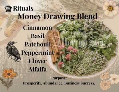 A decorative informational graphic for a 'Rituals Money Drawing Blend' featuring a plate of fresh herbs (cinnamon, basil, patchouli, peppermint, clover, alfalfa) on a beige background with vintage-style illustrations and text detailing the blend's purpose for prosperity and business success.