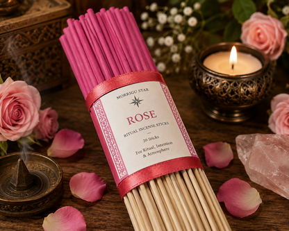 A bundle of pink rose-scented incense sticks from Morrigu Star, wrapped in a pink ribbon with a white label, displayed on a wooden surface with pink roses, petals, a burning candle, and a crystal.