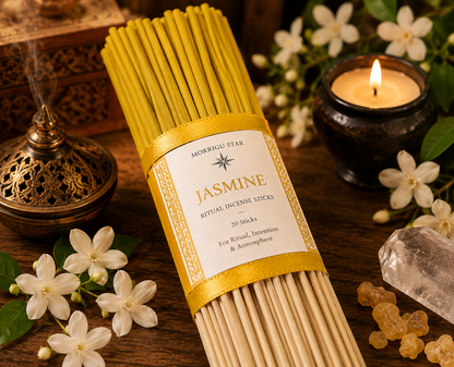 A bundle of Morrigu Star Jasmine Ritual Incense Sticks, 20 pieces, wrapped in a gold ribbon with a cream label, styled on a wooden surface with jasmine flowers, a lit candle, a brass incense burner, and a crystal.