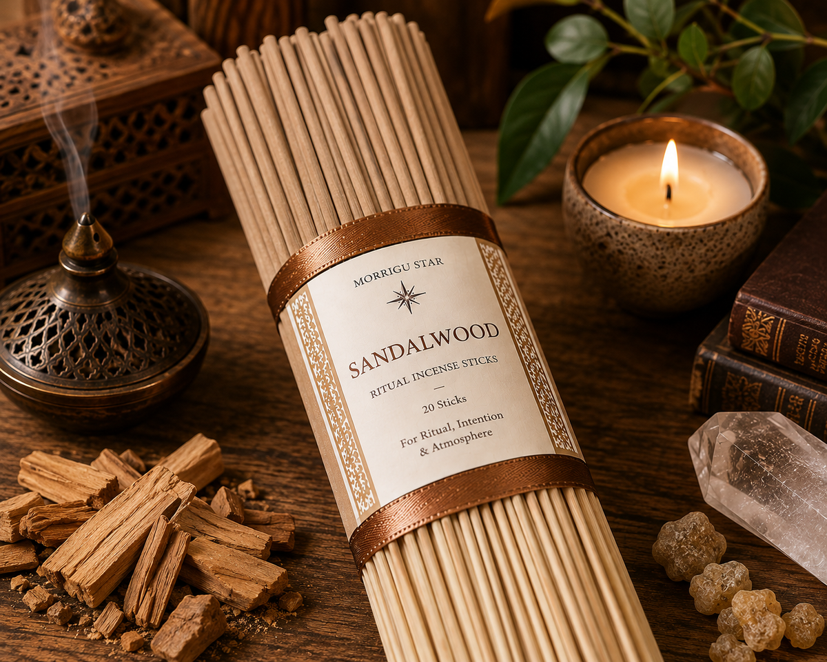 A bundle of Morrigu Star Sandalwood Ritual Incense Sticks wrapped in a brown ribbon, displayed on a rustic wooden table surrounded by incense sticks, a burning candle, a crystal, and a wooden incense burner.
