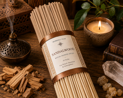 A bundle of Morrigu Star Sandalwood Ritual Incense Sticks wrapped in a brown ribbon, displayed on a rustic wooden table surrounded by incense sticks, a burning candle, a crystal, and a wooden incense burner.