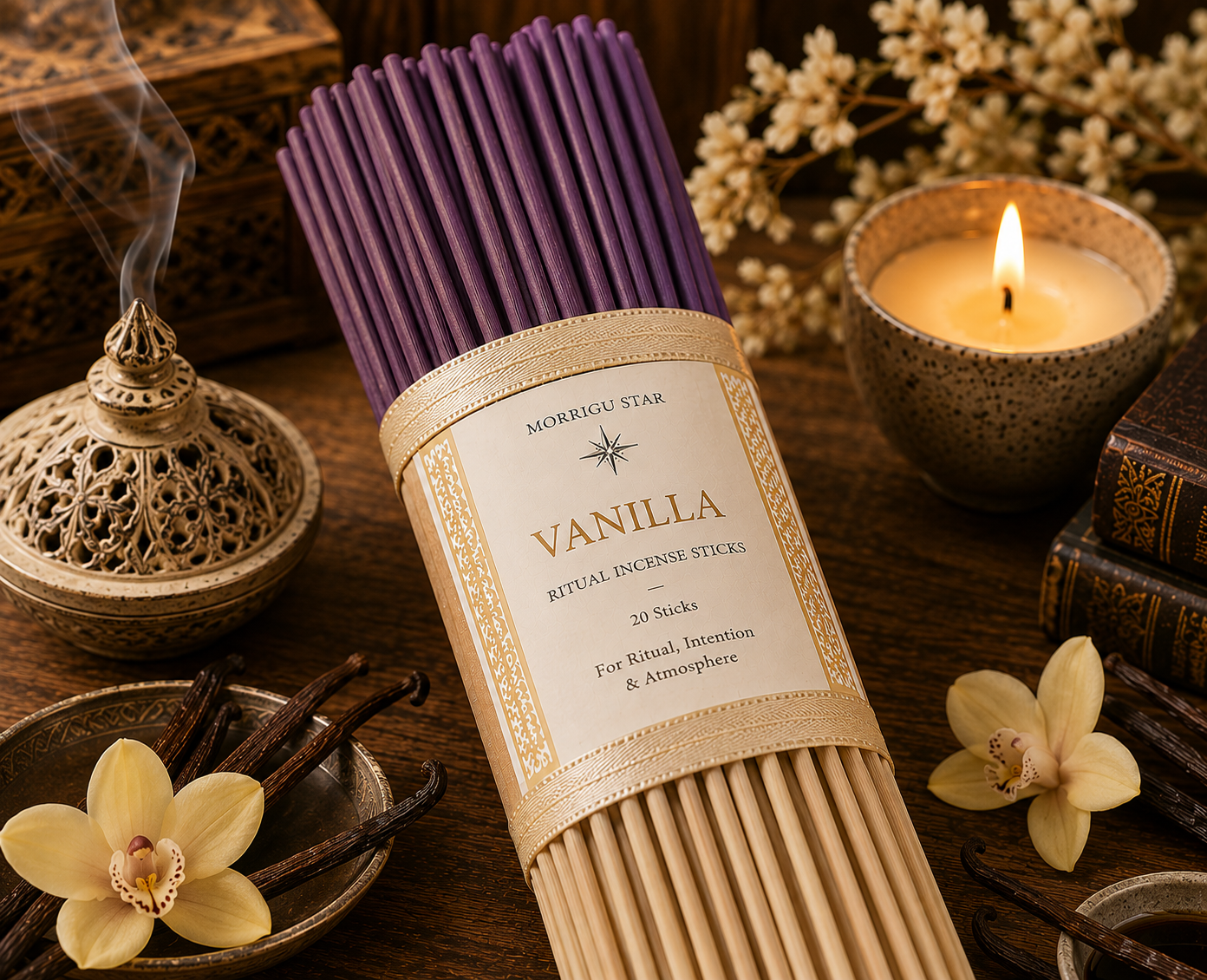 A bundle of Morrigu Star Vanilla ritual incense sticks in a purple wrapper with a beige paper label, styled on a wooden surface with a burning candle, incense burner, flowers, and books.