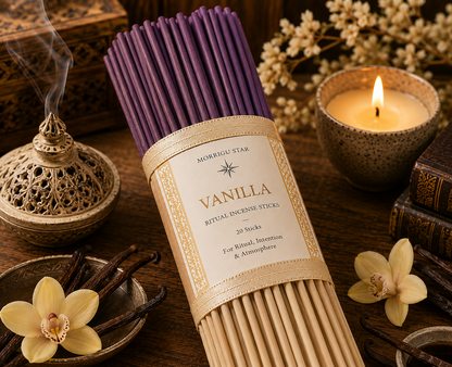 A bundle of Morrigu Star Vanilla ritual incense sticks in a purple wrapper with a beige paper label, styled on a wooden surface with a burning candle, incense burner, flowers, and books.