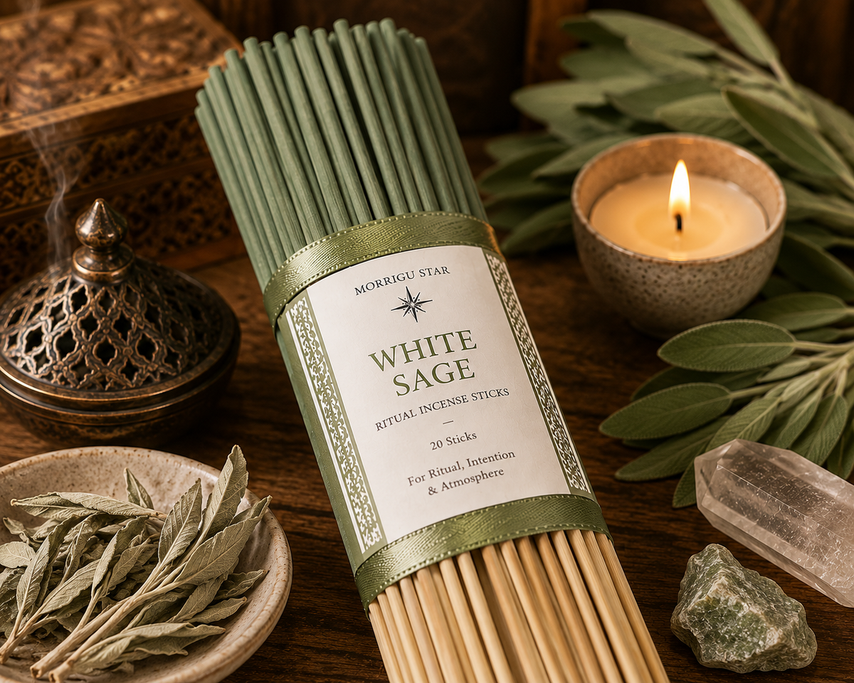 A bundle of Morrigu Star White Sage ritual incense sticks in a sage green paper sleeve, styled on a rustic wooden table with a lit candle, sage leaves, a crystal, and an incense burner.