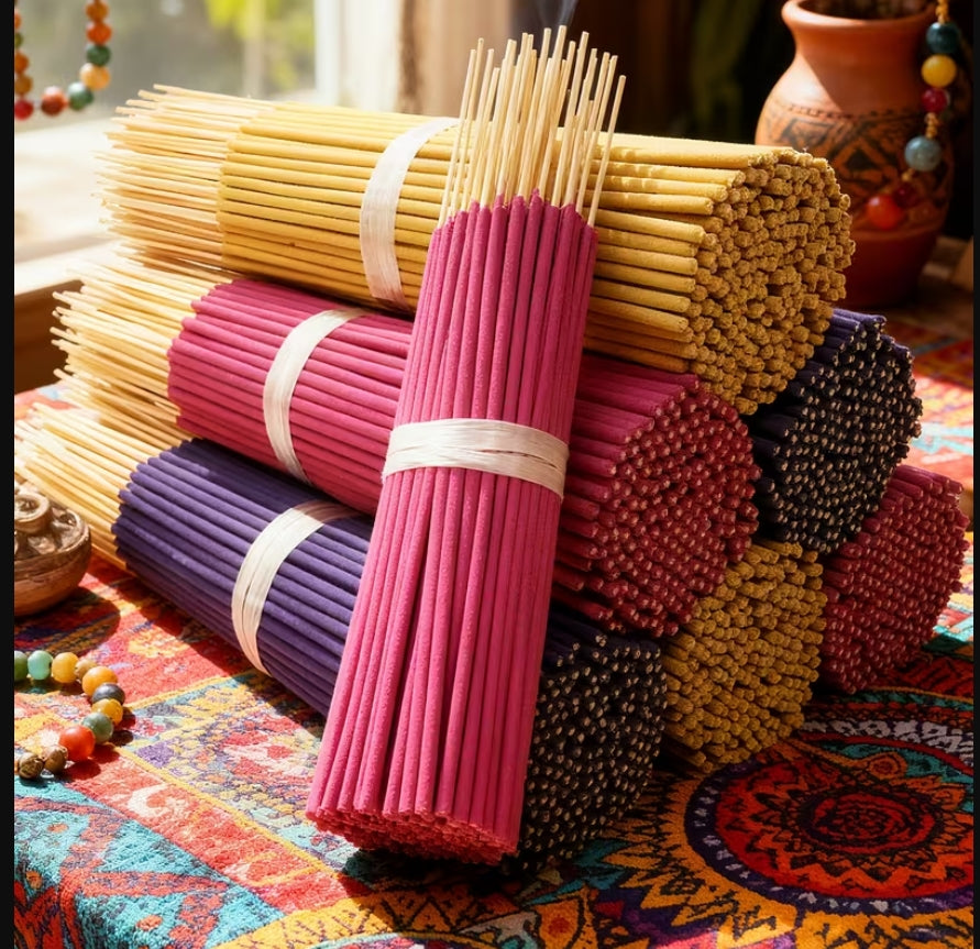 A stack of bundled incense sticks in multiple colors, including pink, purple, yellow, and black, arranged on a colorful patterned textile with decorative beads and a ceramic pot in the background.