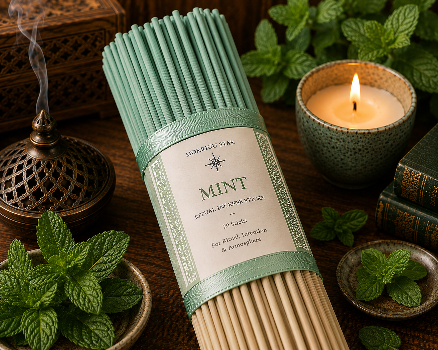 A bundle of Morrigu Star mint-scented ritual incense sticks wrapped in a sage green paper band labeled 'Morrigu Star styled on a dark wooden surface with fresh mint leaves, a lit candle, books, and a brass incense burner.