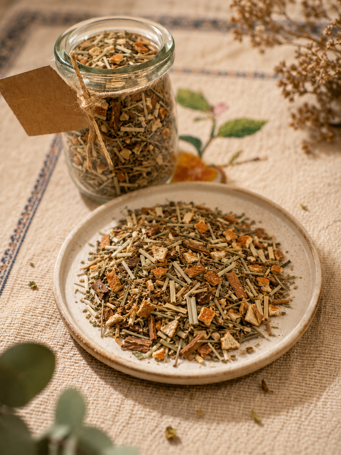 A glass jar filled with loose herbal tea or botanical blend sits behind a ceramic plate piled with the same dried tea mixture. The scene is styled on a textured beige fabric with dried flowers and green leaves around it.
