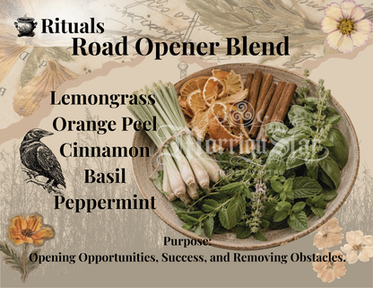 A product presentation graphic for 'Rituals Road Opener Blend' by Alluring Star. The graphic features a central rustic ceramic bowl filled with fresh ingredients (lemongrass, orange peels, cinnamon sticks, basil, and peppermint) on a vintage-style beige background decorated with script, floral illustrations, and a black bird.