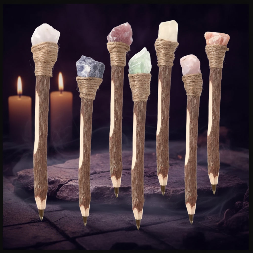 A decorative pens with wood-grain handles, wrapped twine at the top, and natural crystal tips in pink, blue, green, and white