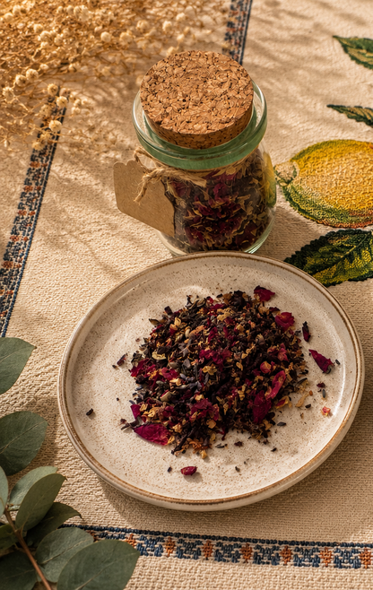 A ceramic plate filled with loose dried tea blend and a small glass jar with a cork stopper, both placed on a patterned beige textile with dried flowers and green leaves around them.