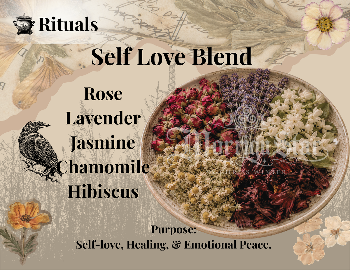 A product graphic for 'Self Love Blend' herbal tea by Spirit of the Mountain. The design features a central ceramic bowl filled with dried rose, lavender, jasmine, chamomile, and hibiscus flowers, set against a vintage-style beige background with script notes, a raven illustration, and floral accents.