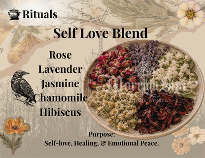 A product graphic for 'Self Love Blend' herbal tea by Spirit of the Mountain. The design features a central ceramic bowl filled with dried rose, lavender, jasmine, chamomile, and hibiscus flowers, set against a vintage-style beige background with script notes, a raven illustration, and floral accents.