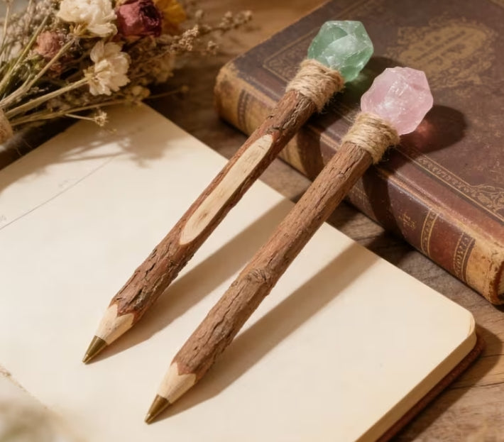 Two decorative pencils with natural wood shafts and crystal-topped ends, resting on an open notebook beside an old book and dried flowers.