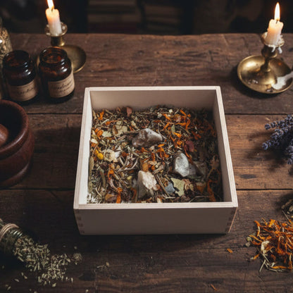 A close-up view of a loose herbal tea or spice blend inside a white paper box, featuring dried orange flowers, green and brown leaves, and several rough white and gray stones.
