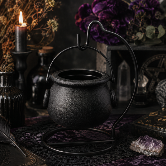 A black textured cauldron-shaped metal holder with a curved stand and loop handle, styled on a dark purple lace cloth with candles, dried flowers, crystals, and occult-themed decor in the background.