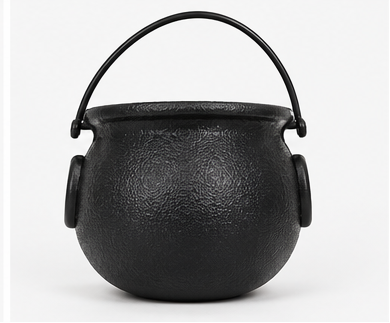 A black textured cauldron-shaped container shown in multiple views on a light gray background, including front, side, top-down, and angled perspectives.