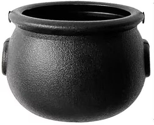 A black textured plastic cauldron-shaped planter or pot with side handles, shown against a plain white background.