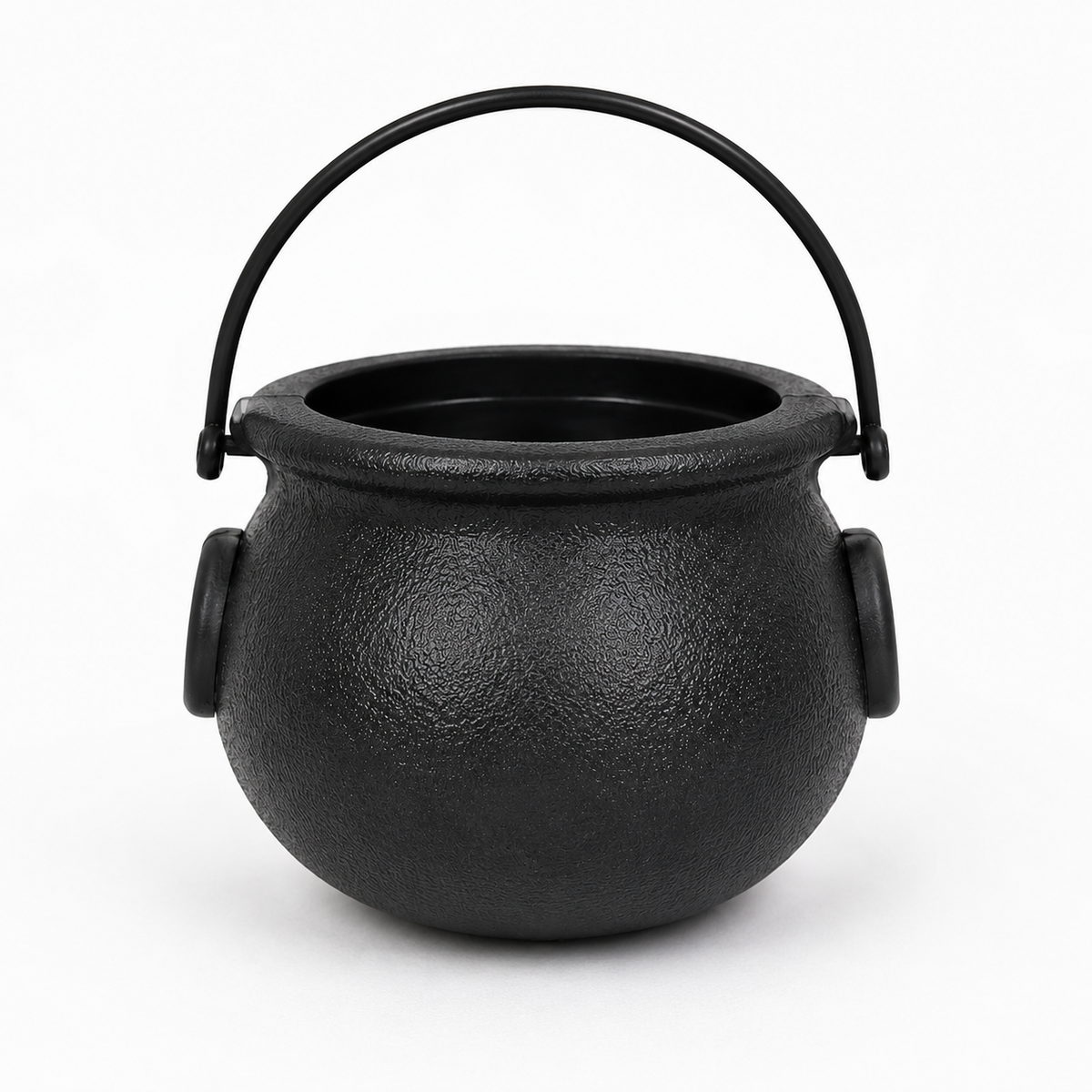 A black textured cauldron-shaped bucket with a top handle and side loop handles, shown on a plain white background.