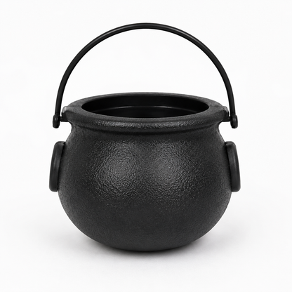 A black textured cauldron-shaped bucket with a top handle and side loop handles, shown on a plain white background.