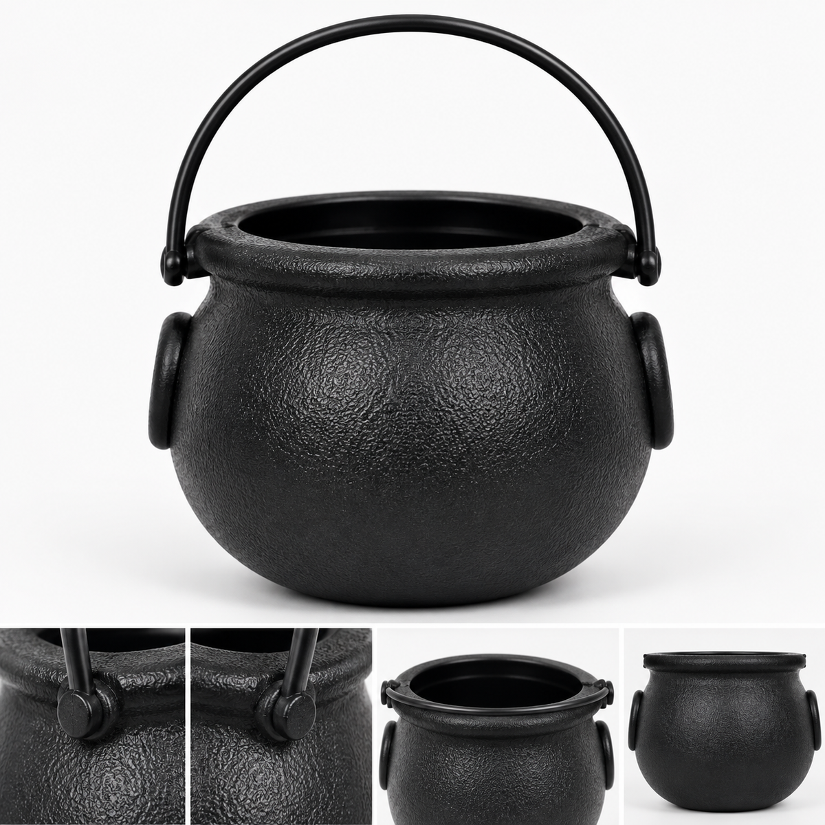 Black textured cauldron-shaped planter or bucket with a top handle and side loop handles, shown on a white background with four detail inset images along the bottom.