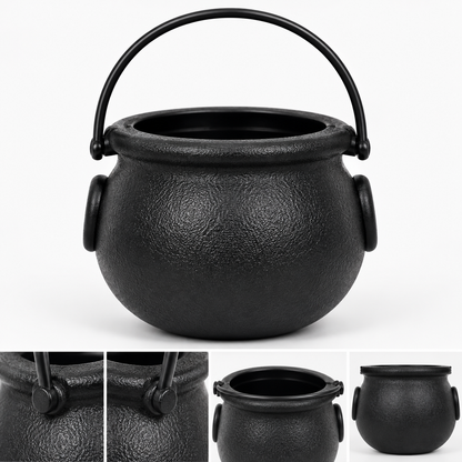 Black textured cauldron-shaped planter or bucket with a top handle and side loop handles, shown on a white background with four detail inset images along the bottom.