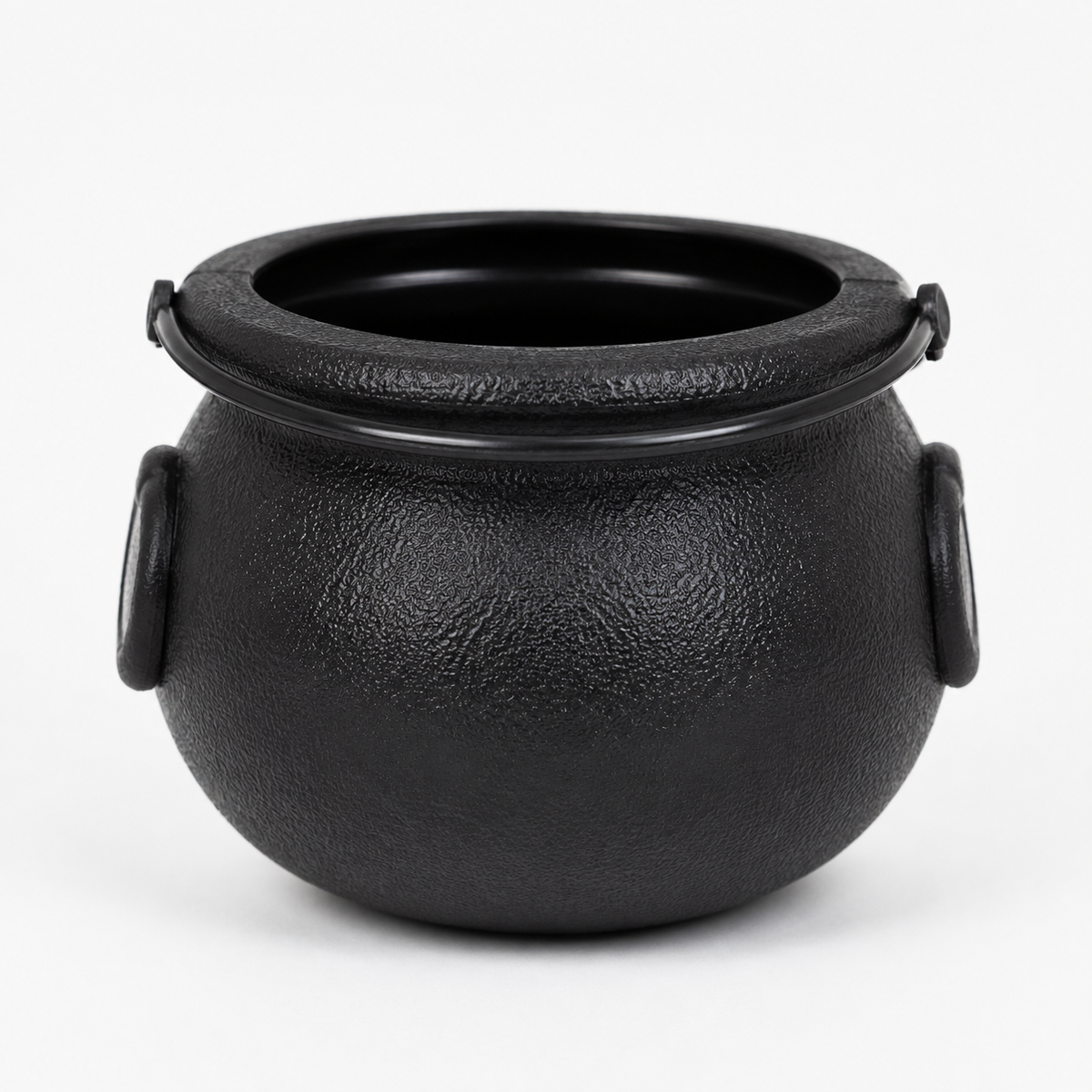 A black textured cauldron-shaped planter with side handles and a rim, photographed on a clean white background.