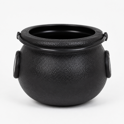 A black textured cauldron-shaped planter with side handles and a rim, photographed on a clean white background.
